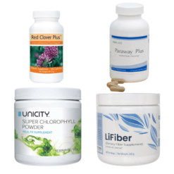 Bộ Sản Phẩm Thải Độc Unicity _ Diệp Lục, Red Clover Plus, Paraway Plus, Lifiber